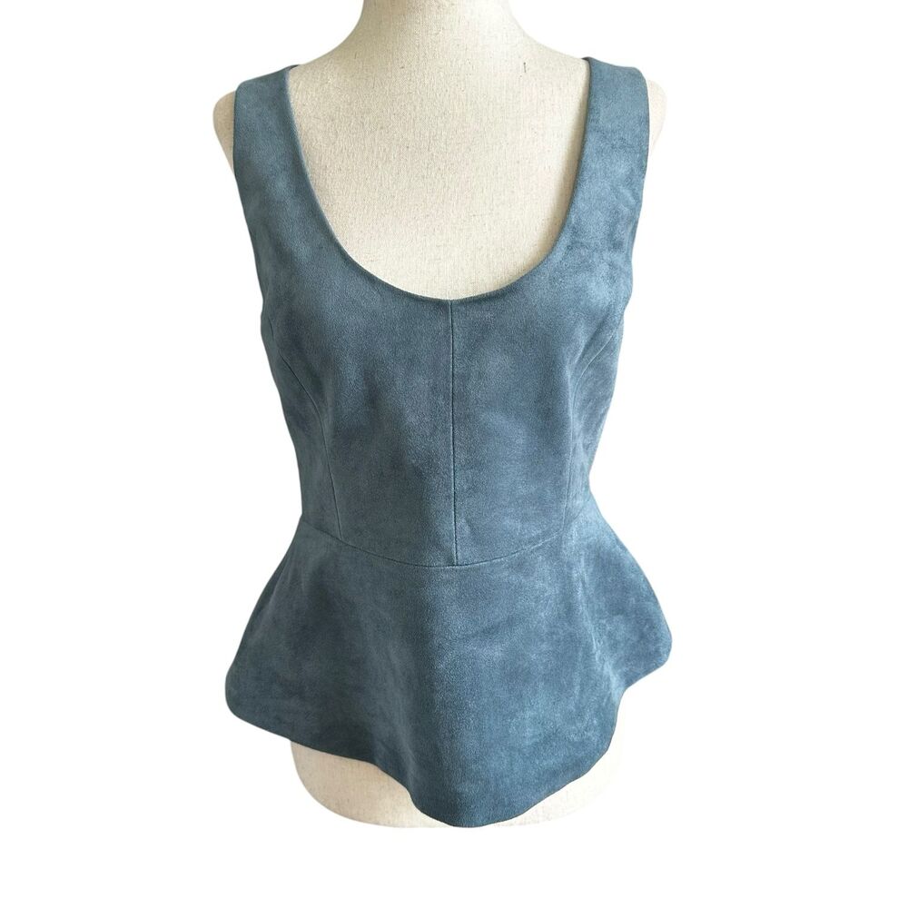 BCBG Maxazria Blue Faux Suede Cladiana Peplum Blouse Women Size Medium | 68-7